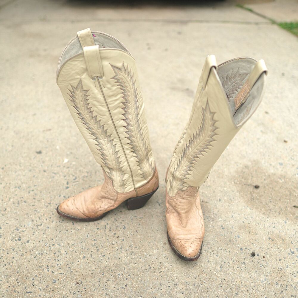 VTG Larry Mahan Tall Western Boots Womens 6 B Cream Tan Leather Flame Texas